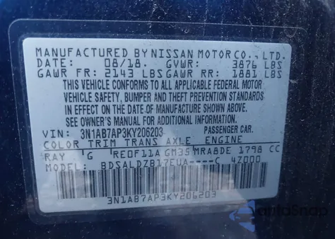 2019 Nissan Sentra Sv z USA, uszkodzony, nr VIN 3N1AB7AP3KY206203